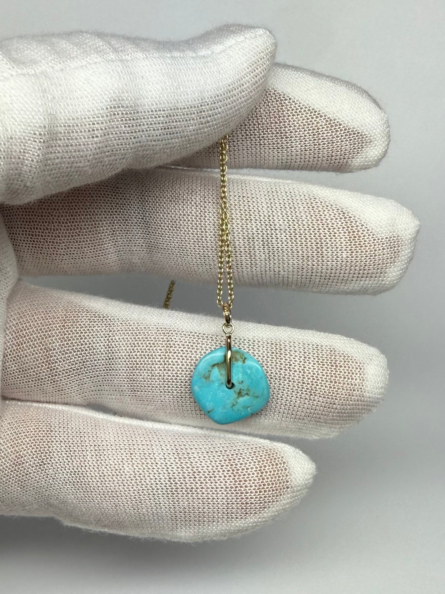 14K Solid Yellow Gold, Blue Turquoise “Donut” Mini Pendant