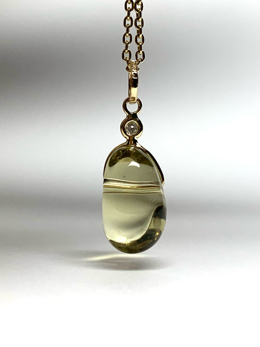 14k Solid Yellow Gold, Diamond, Lemon Quartz Tumbled Nugget Bead Pendant, Mini Size