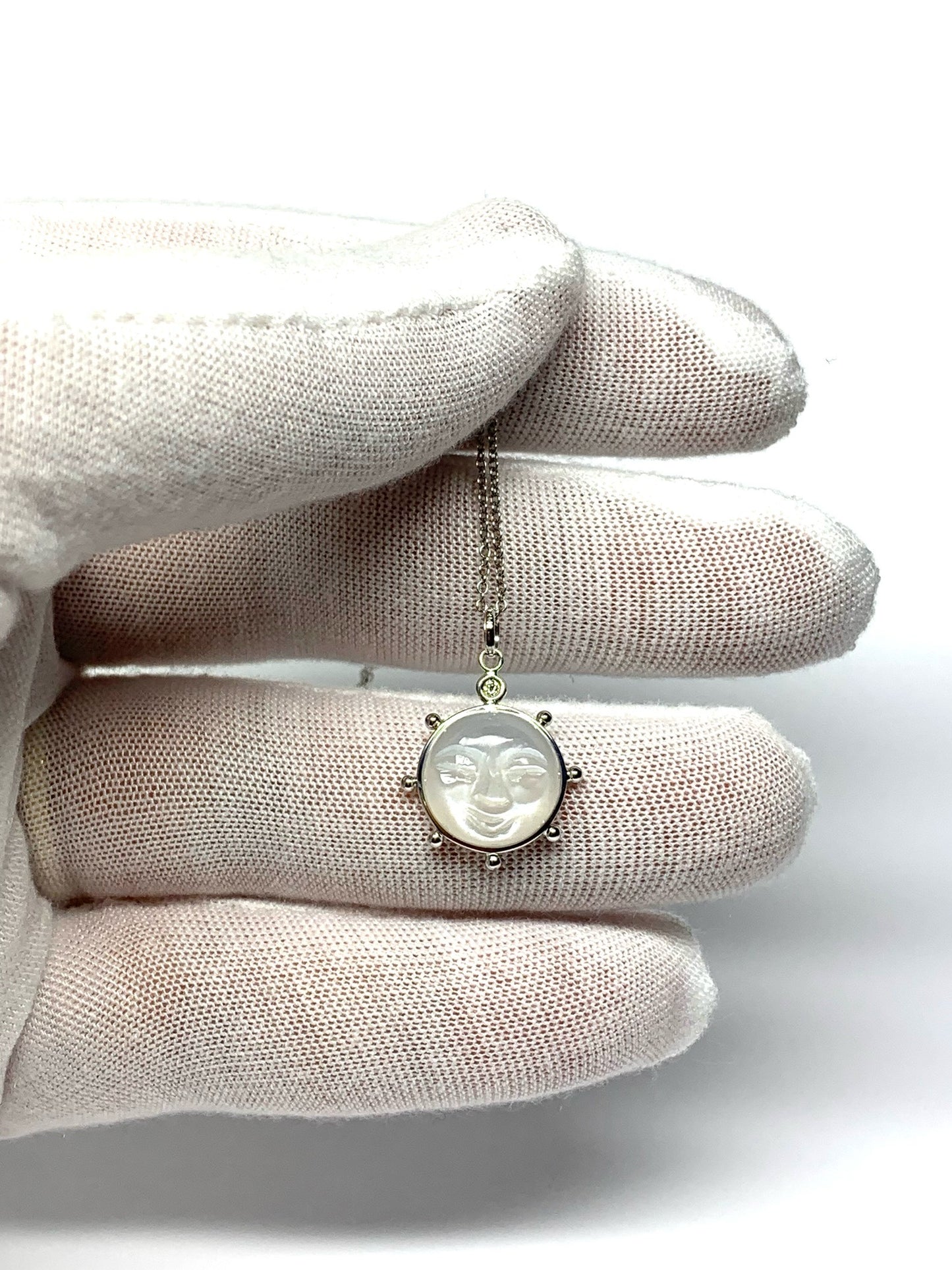 14k Solid White Gold, White Moonstone, Diamond “Sun” Pendant, Small Size