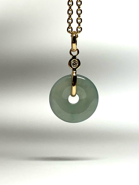 14k Solid Yellow Gold, White Diamond, Pale Green Jade “Donut” Pendant, Tiny Size
