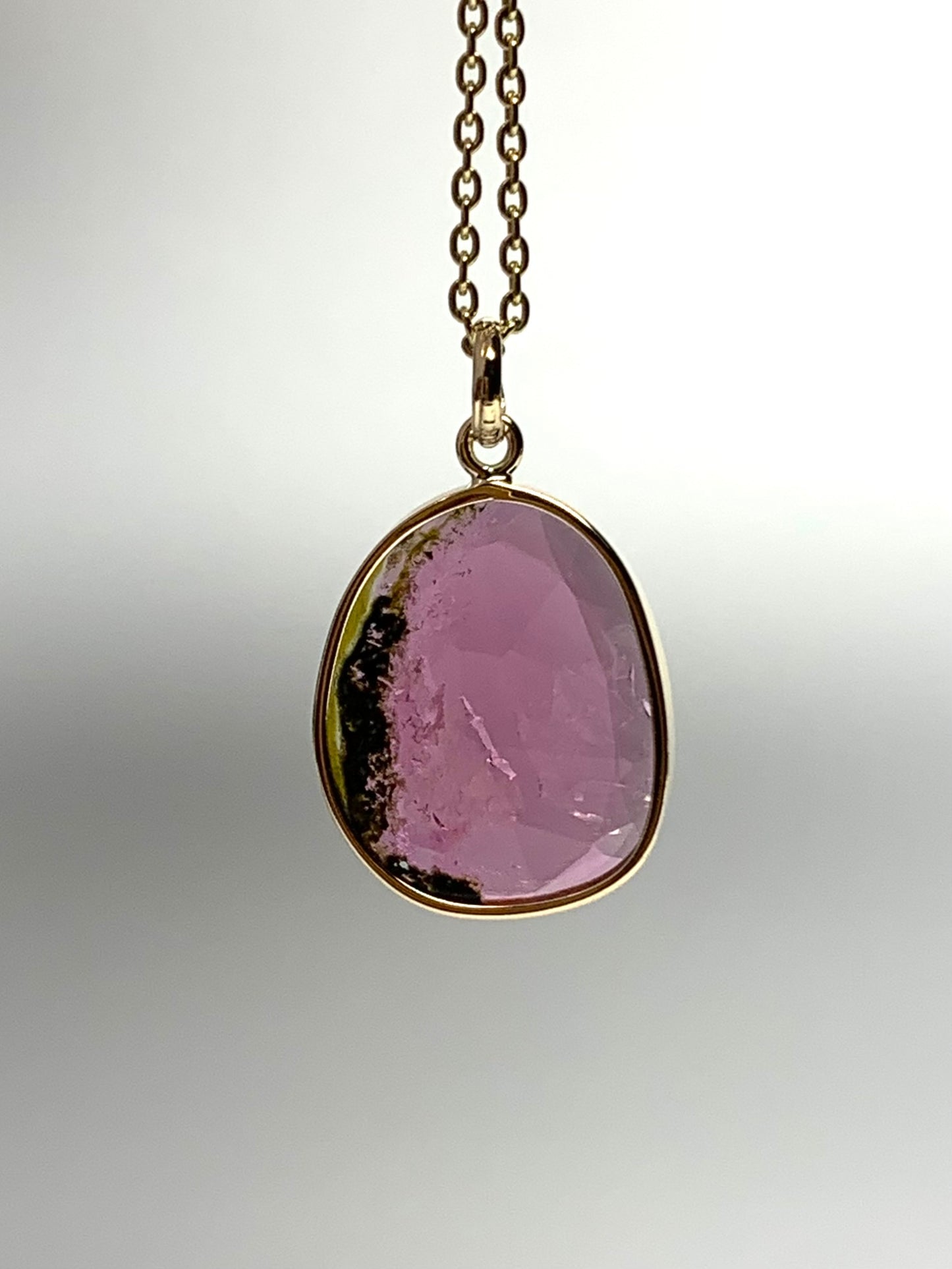 14k Solid Yellow Gold, Natural Pink Green Tourmaline Pendant