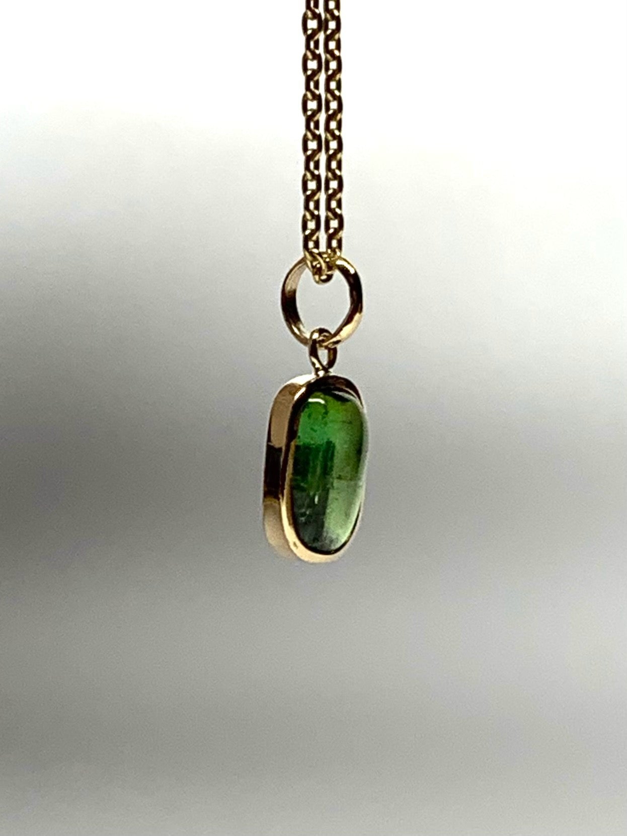 14k Solid Yellow Gold, Natural Green Tourmaline Cabochon Tiny Pendant