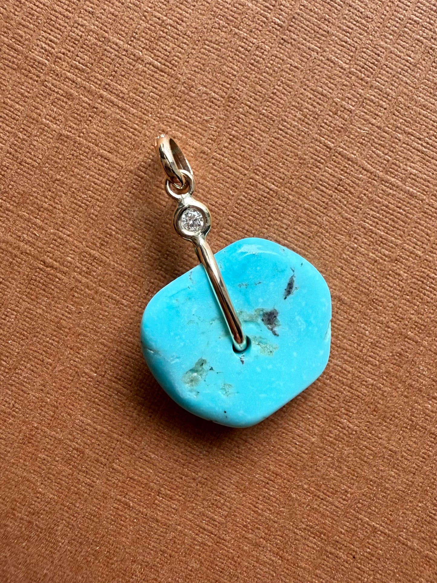14K Solid Yellow Gold, White Diamond, Blue Turquoise “Donut” Mini Pendant