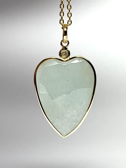 14k Solid Yellow Gold, Diamond, Pale Blue Aquamarine “Heart” Pendant