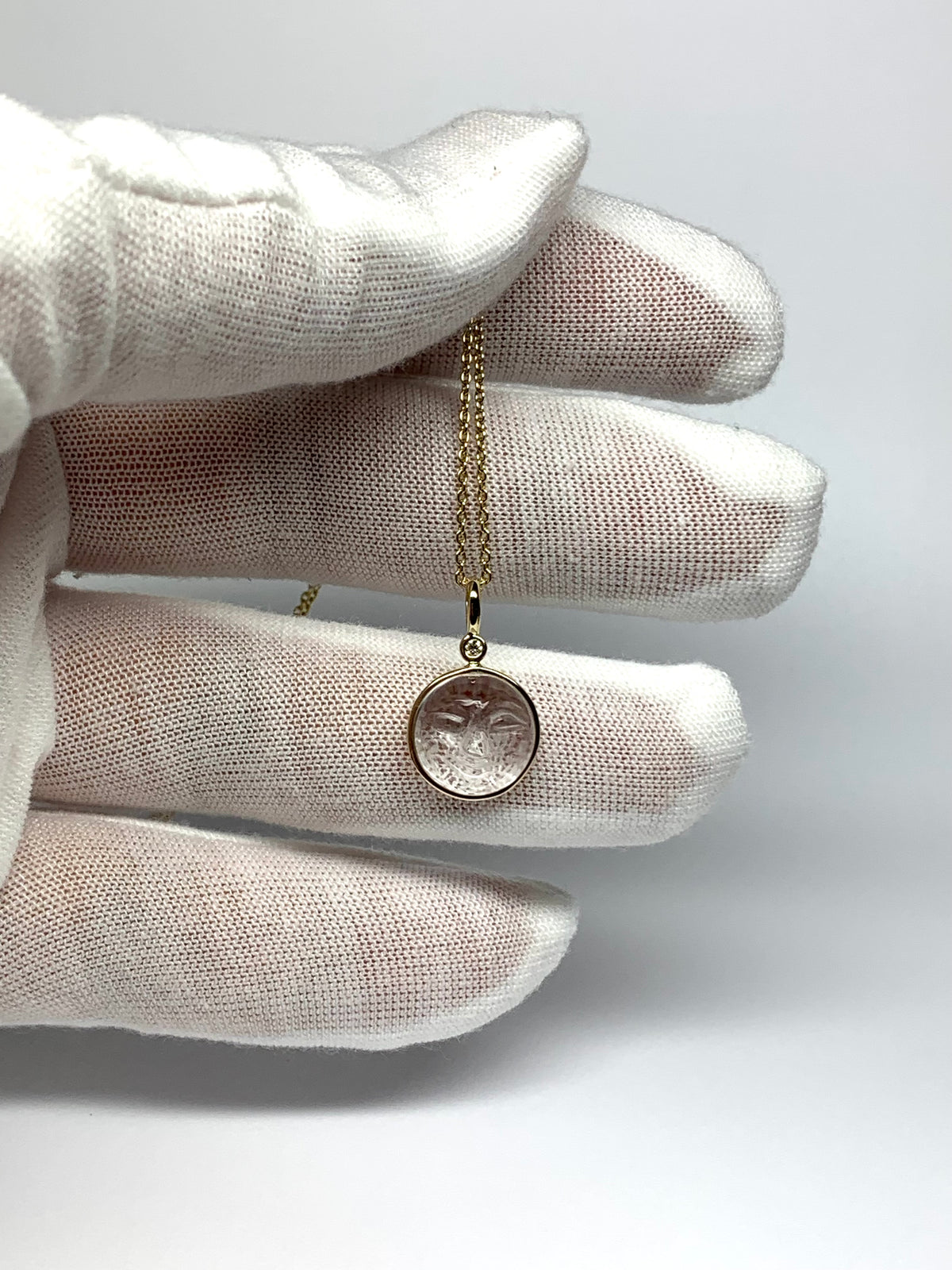 14k Solid Yellow Gold, Clear Quartz, White Diamond “Moon and Star” Pendant, Carved Face, Small Size