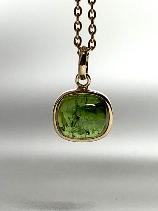 14k Solid Yellow Gold, Natural Green Tourmaline Cabochon Tiny Pendant