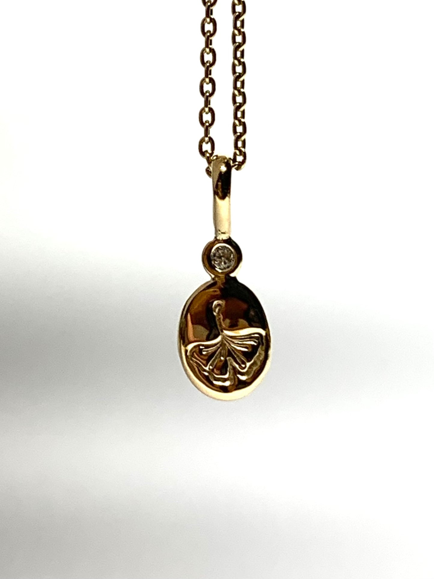 14K Solid Yellow Gold Nugget “Ginkgo” Mini Pendant, White Diamond, Tiny Charm
