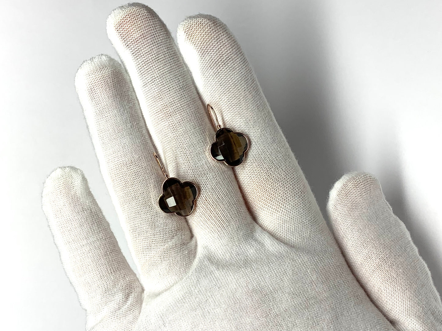 14k Solid Rose Gold Smoky Quartz “Clover” Earrings, Checkerboard Cut, Fish Hook Ear Wires