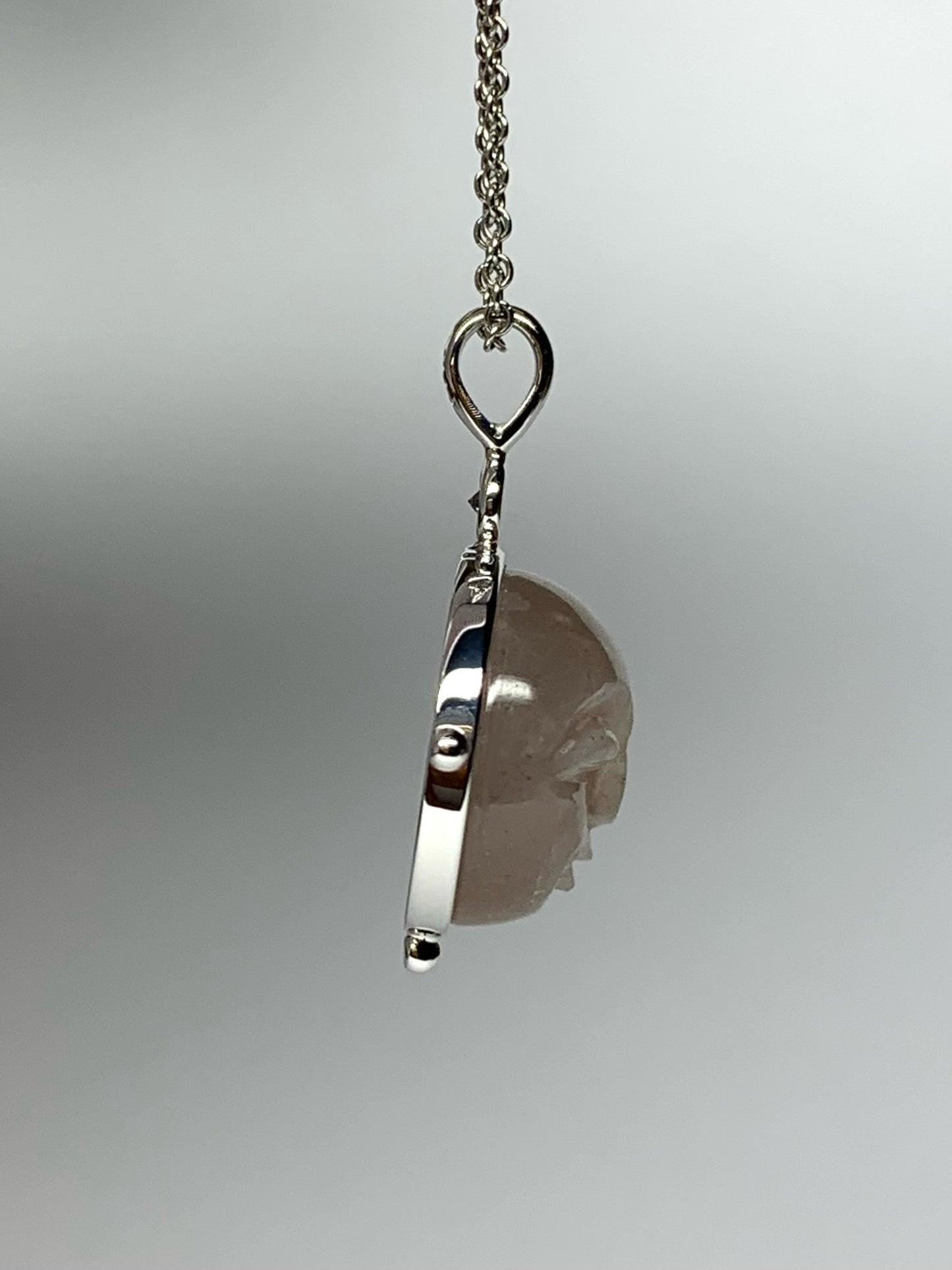 14k Solid White Gold, Diamond, Grey Moonstone “Moon Baby” Pendant, Carved Face