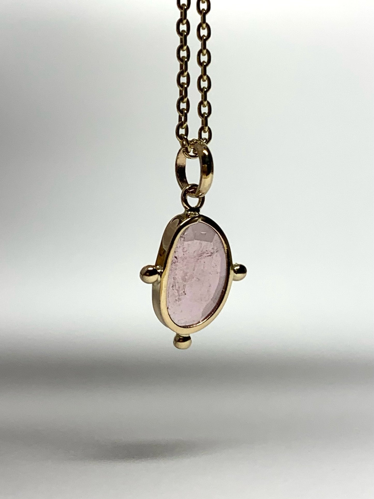 14k Solid Yellow Gold, Natural Pink Tourmaline Pendant, Gold Dots