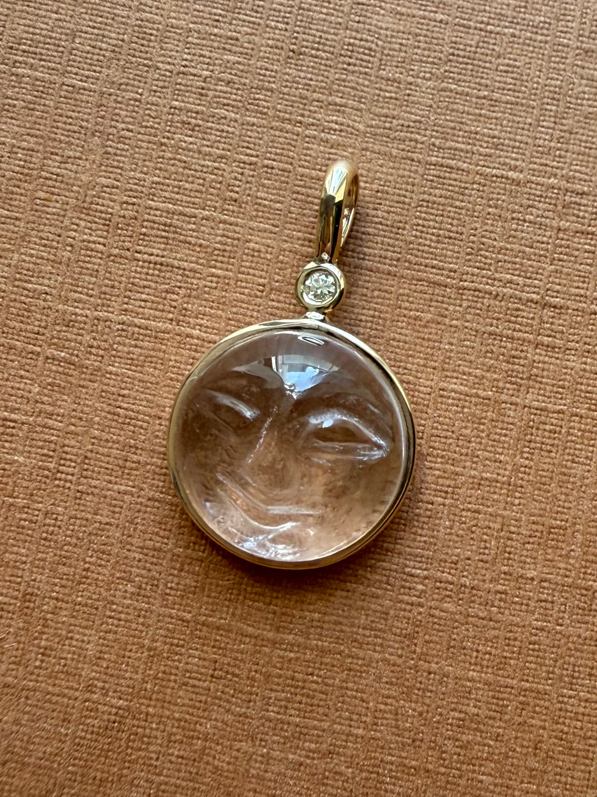14k Solid Yellow Gold, Clear Quartz, White Diamond “Moon and Star” Pendant, Carved Face, Small Size