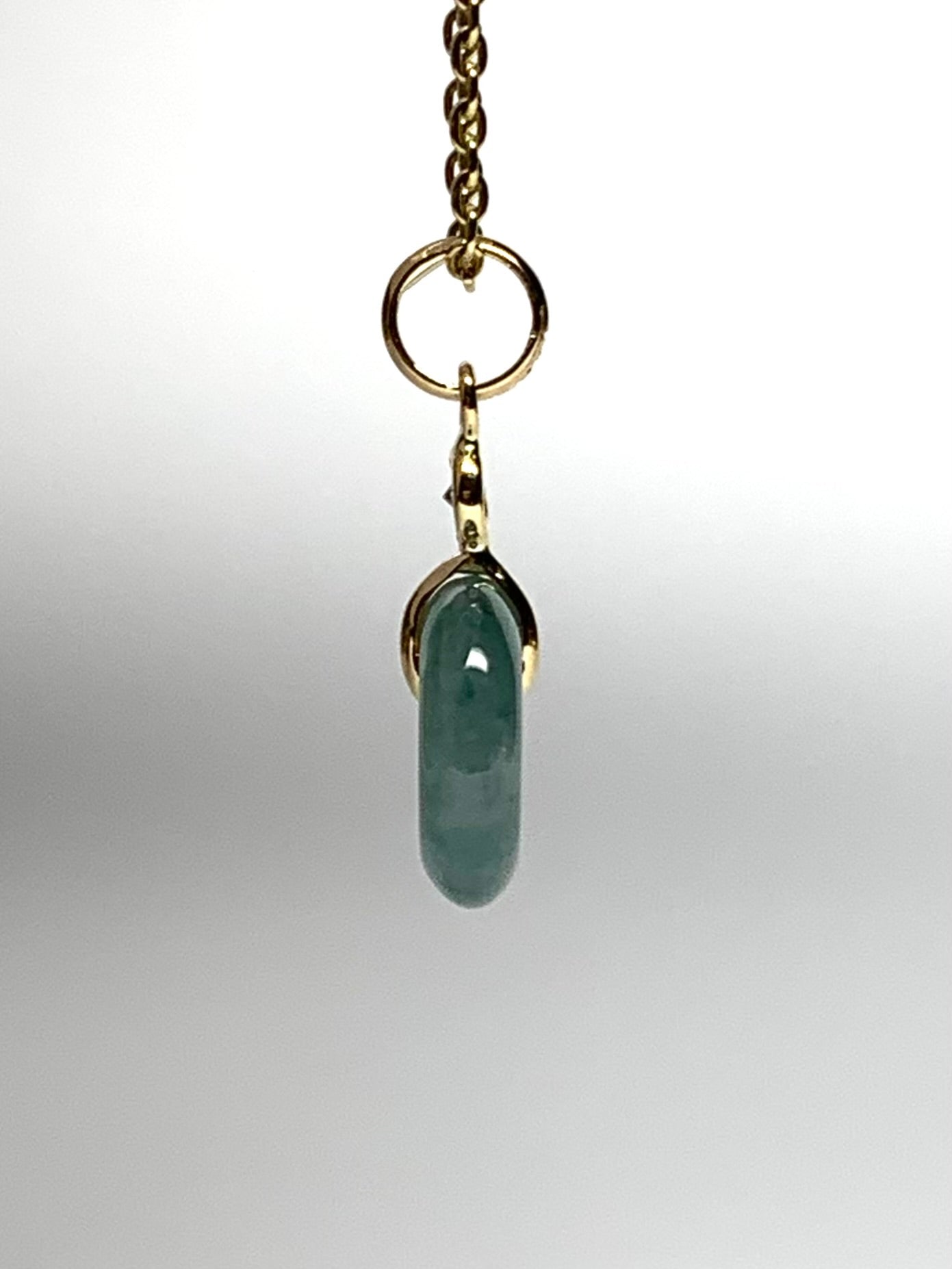 14k Solid Yellow Gold, White Diamond, Pale Green Jade “Donut” Pendant, Tiny Size