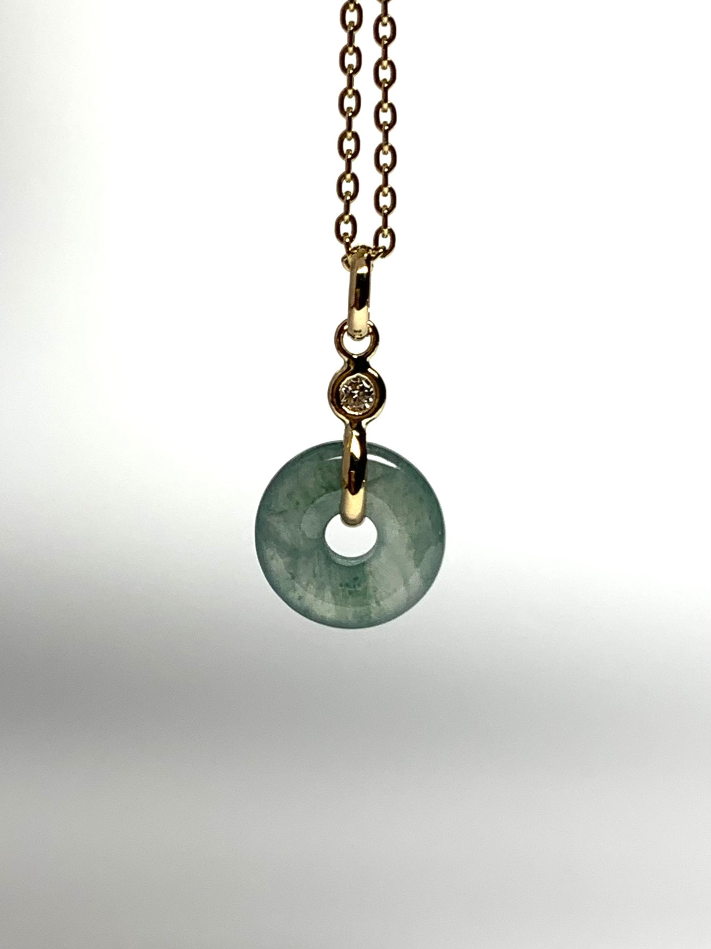 14k Solid Yellow Gold, White Diamond, Pale Green Jade “Donut” Pendant, Tiny Size