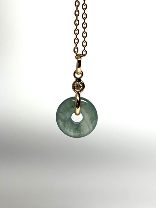14k Solid Yellow Gold, White Diamond, Green Jade “Donut” Pendant, Tiny Size