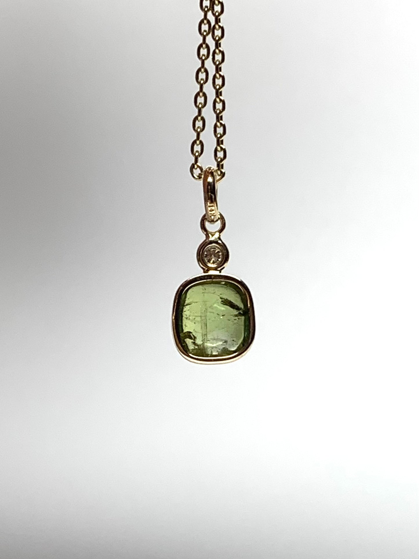 14k Solid Yellow Gold, Natural White Diamond, Natural Dark Green Tourmaline Tiny Pendant
