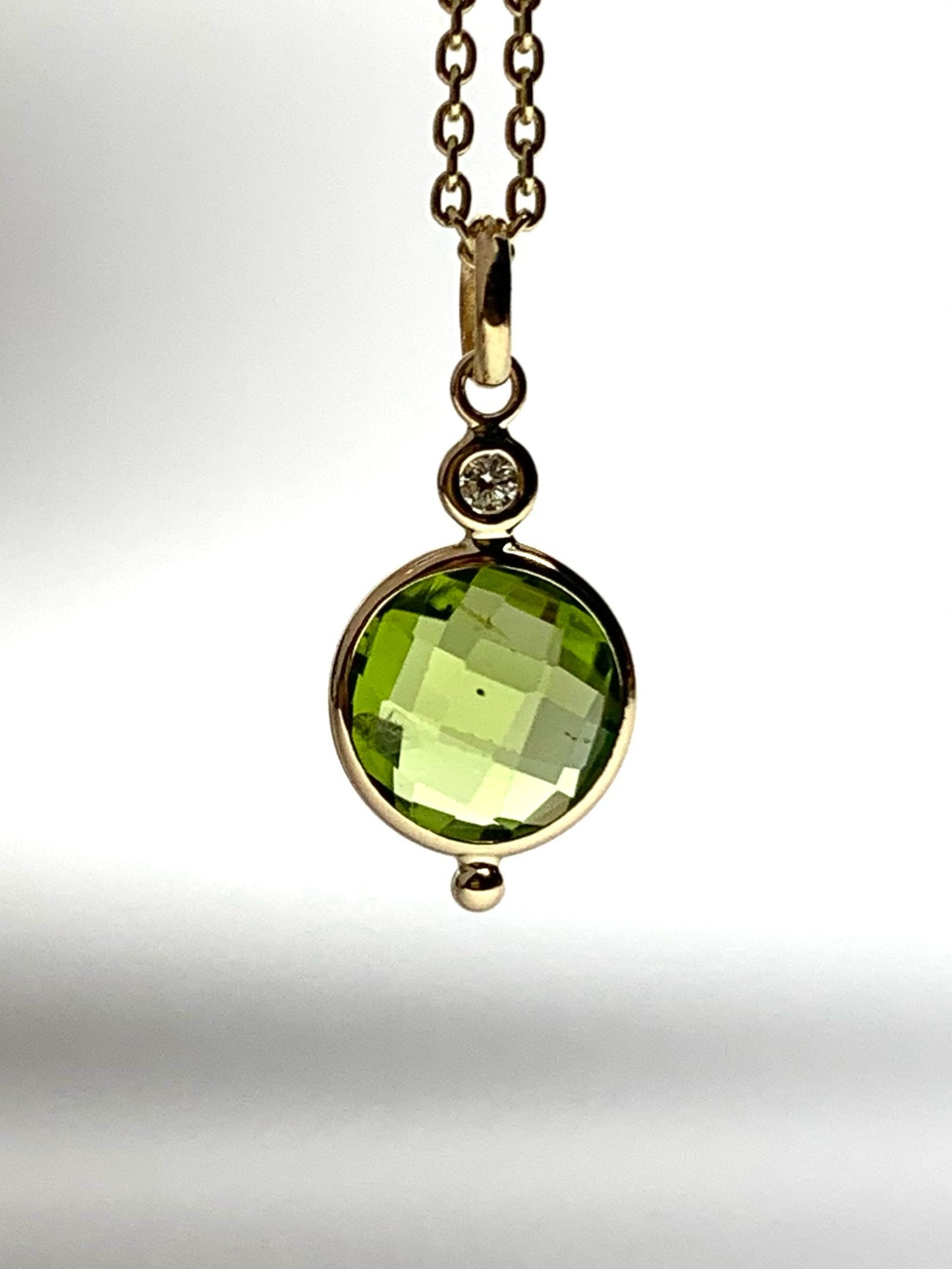 14k Solid Yellow Gold, Diamond, Green Peridot Mini Pendant
