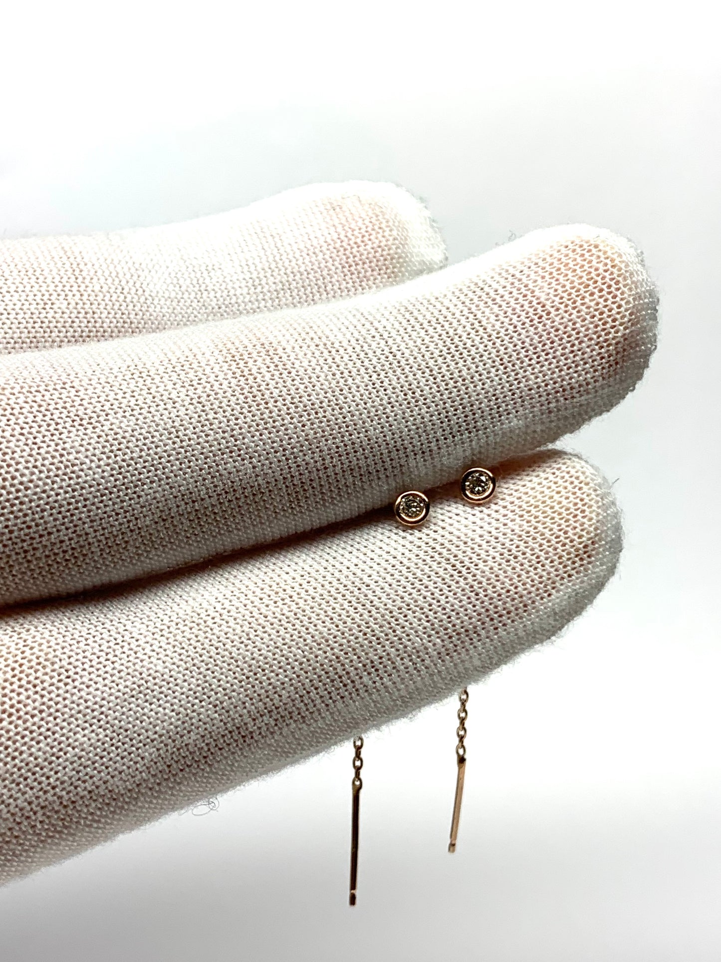 14K Solid Rose Gold, White Diamond Thread Earrings