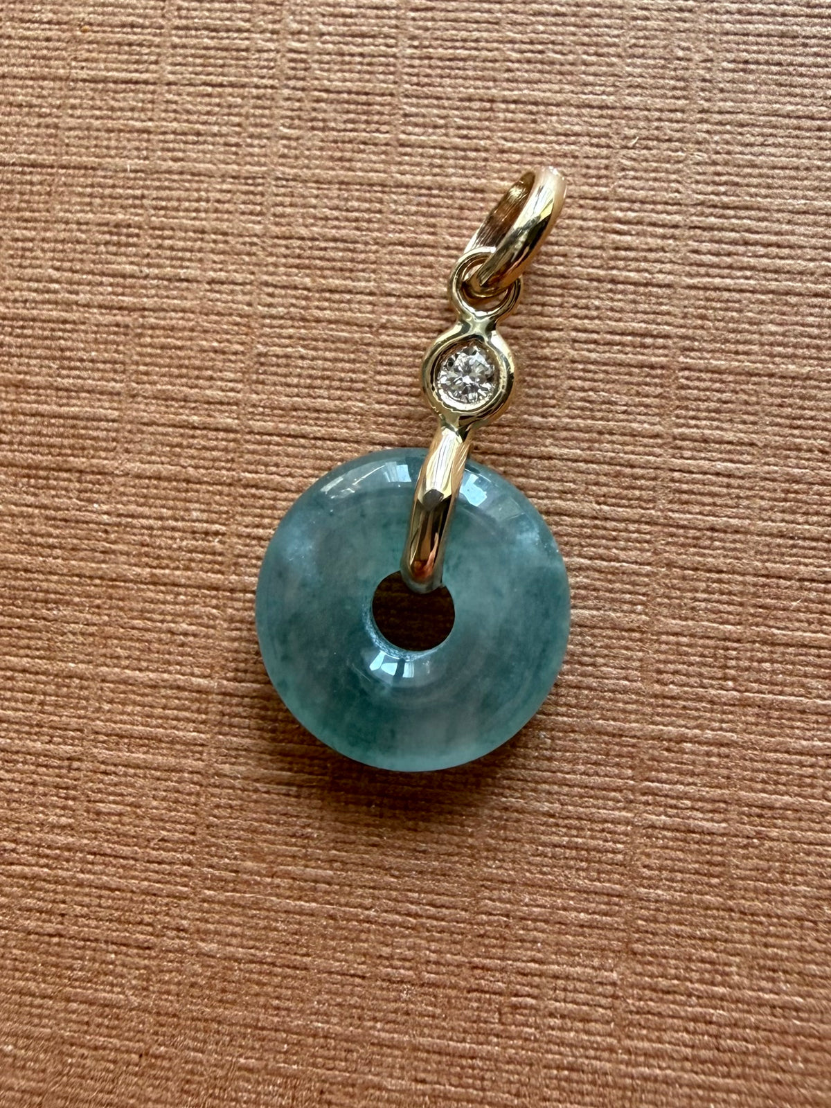 14k Solid Yellow Gold, White Diamond, Green Jade “Donut” Pendant, Tiny Size