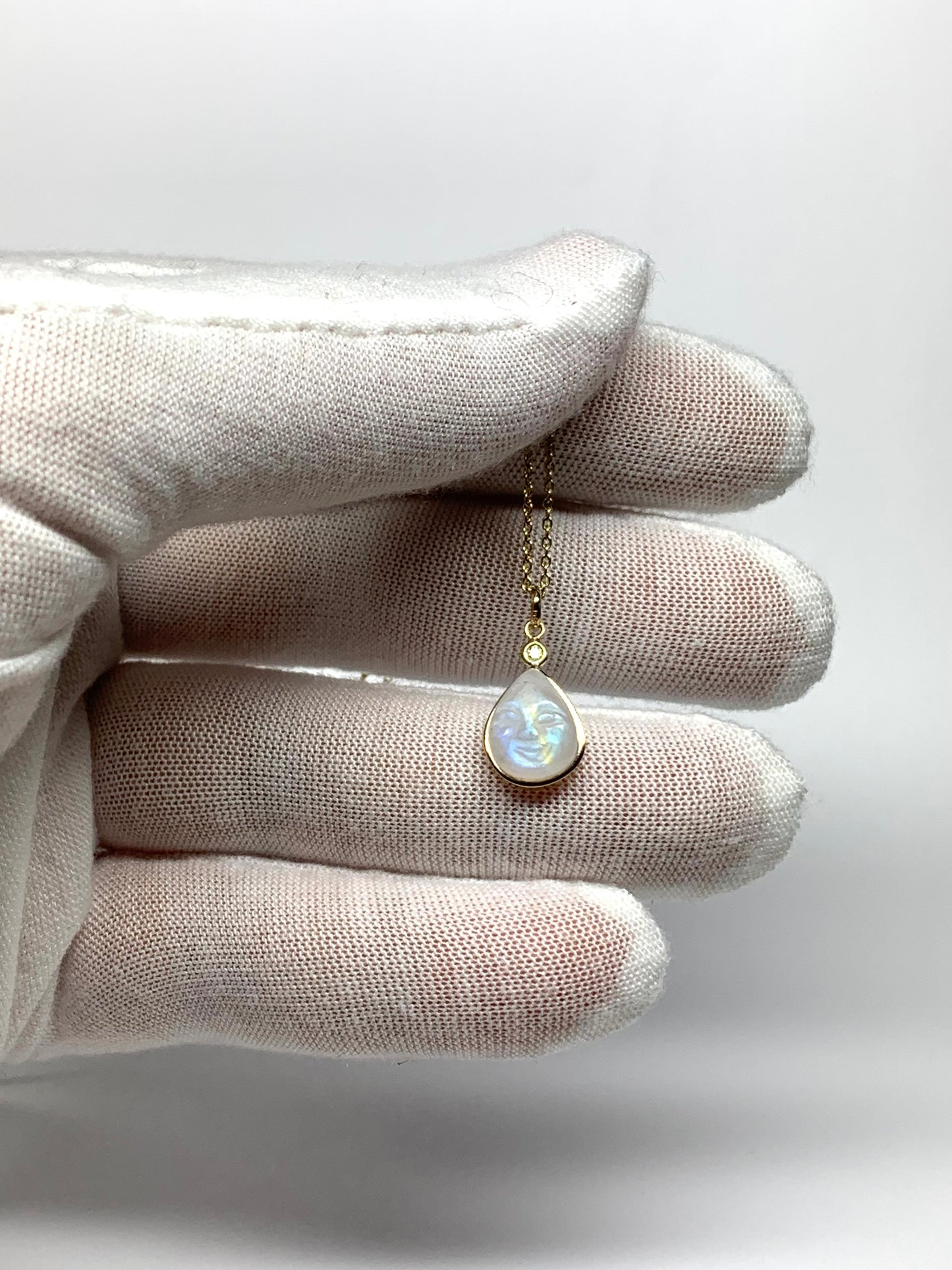14k Solid Yellow Gold, White Diamond, Rainbow Moonstone “Rainbow Moon” Pendant, Mini Size