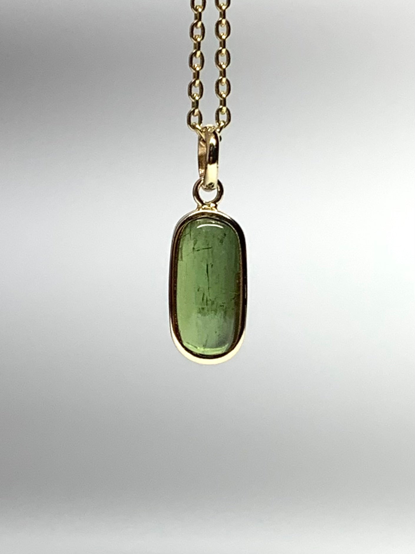 14k Solid Yellow Gold, Natural Green Tourmaline Cabochon Tiny Pendant