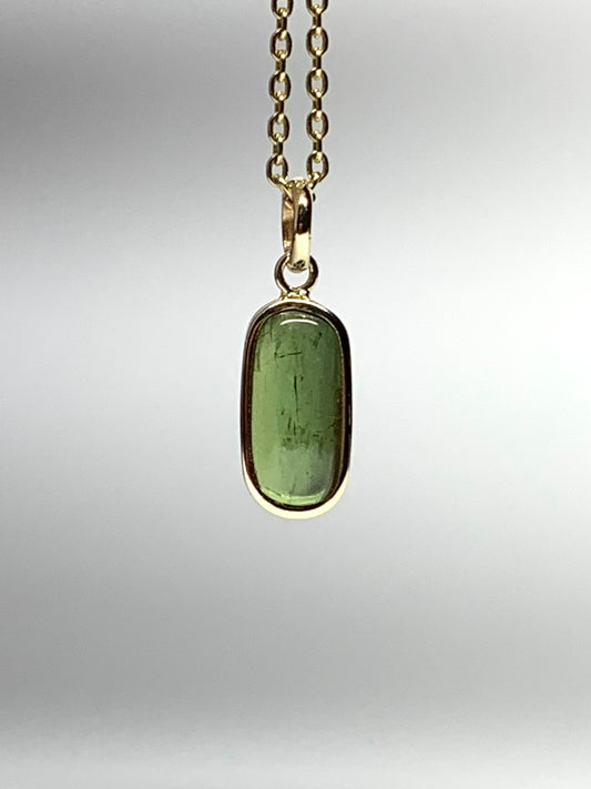 14k Solid Yellow Gold, Natural Green Tourmaline Cabochon Tiny Pendant