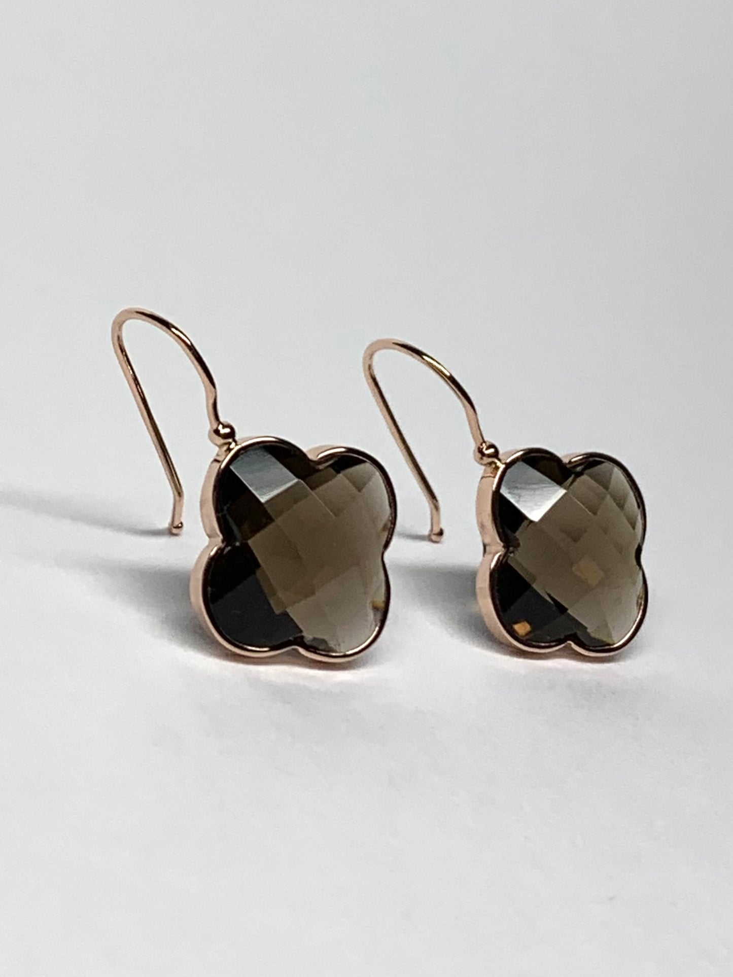 14k Solid Rose Gold Smoky Quartz “Clover” Earrings, Checkerboard Cut, Fish Hook Ear Wires