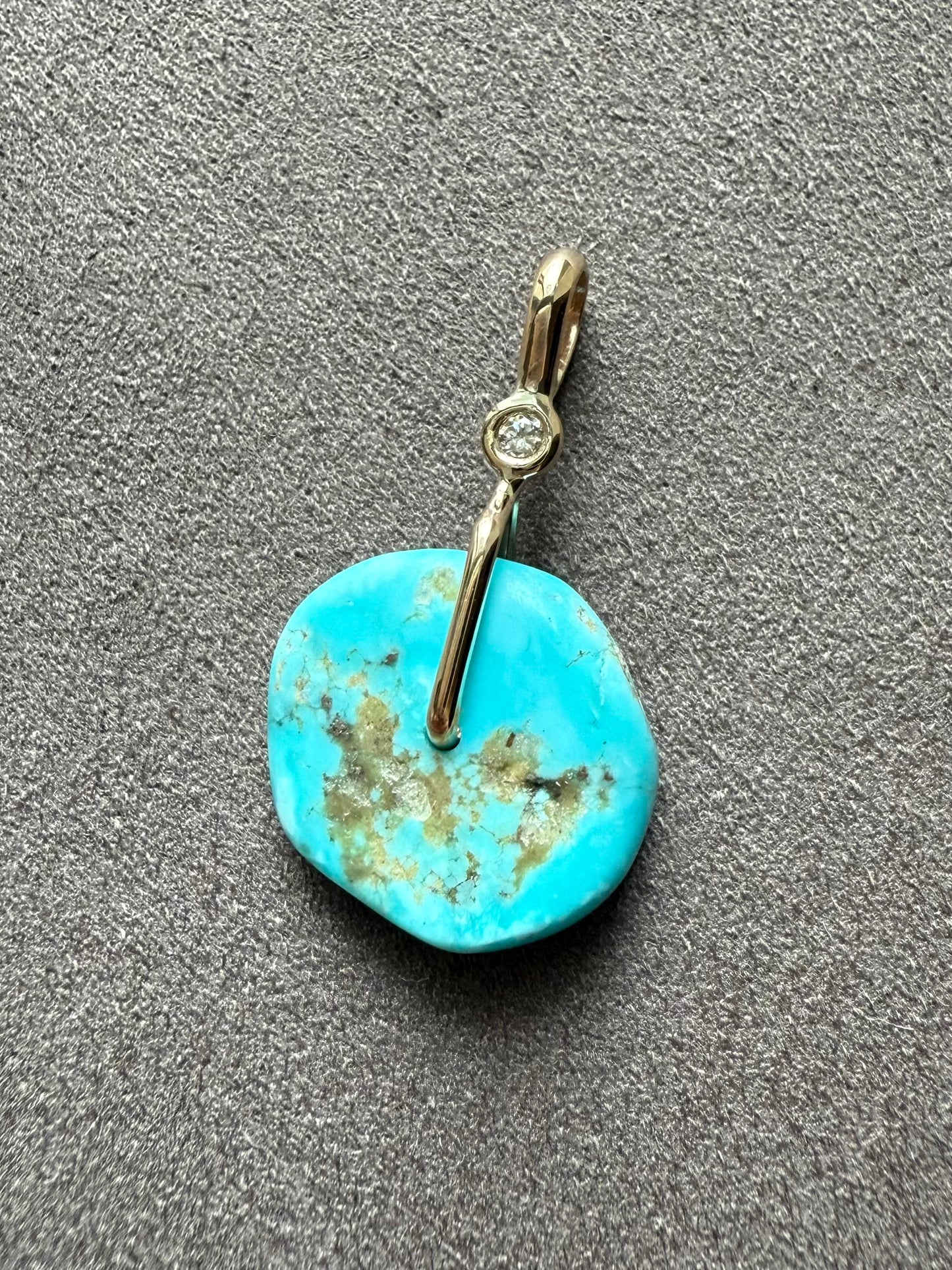 14K Solid Yellow Gold, White Diamond, Blue Turquoise “Donut” Mini Pendant