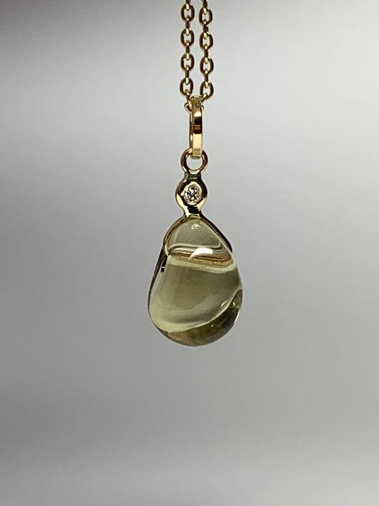 14k Solid Yellow Gold, Diamond, Lemon Quartz Tumbled Nugget Bead Pendant, Mini Size
