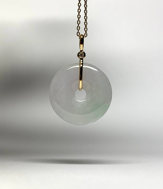 14k Solid Yellow Gold, Very Pale Green Jade “Donut”, White Diamond Pendant