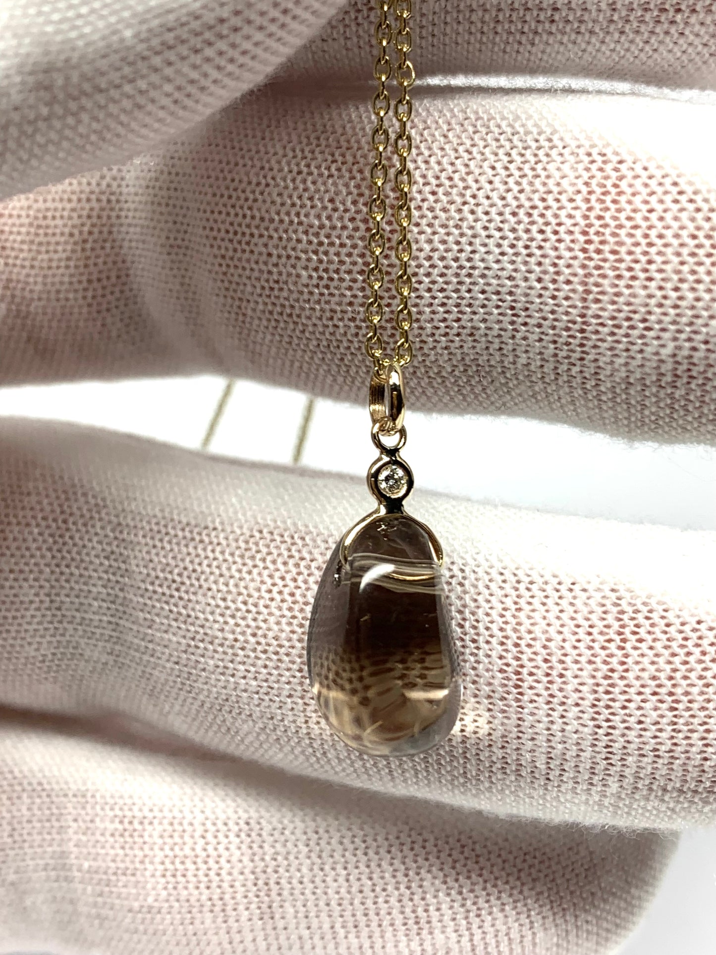 14k Solid Yellow Gold, Diamond, Smoky Quartz Tumbled Nugget Bead Pendant, Mini Size