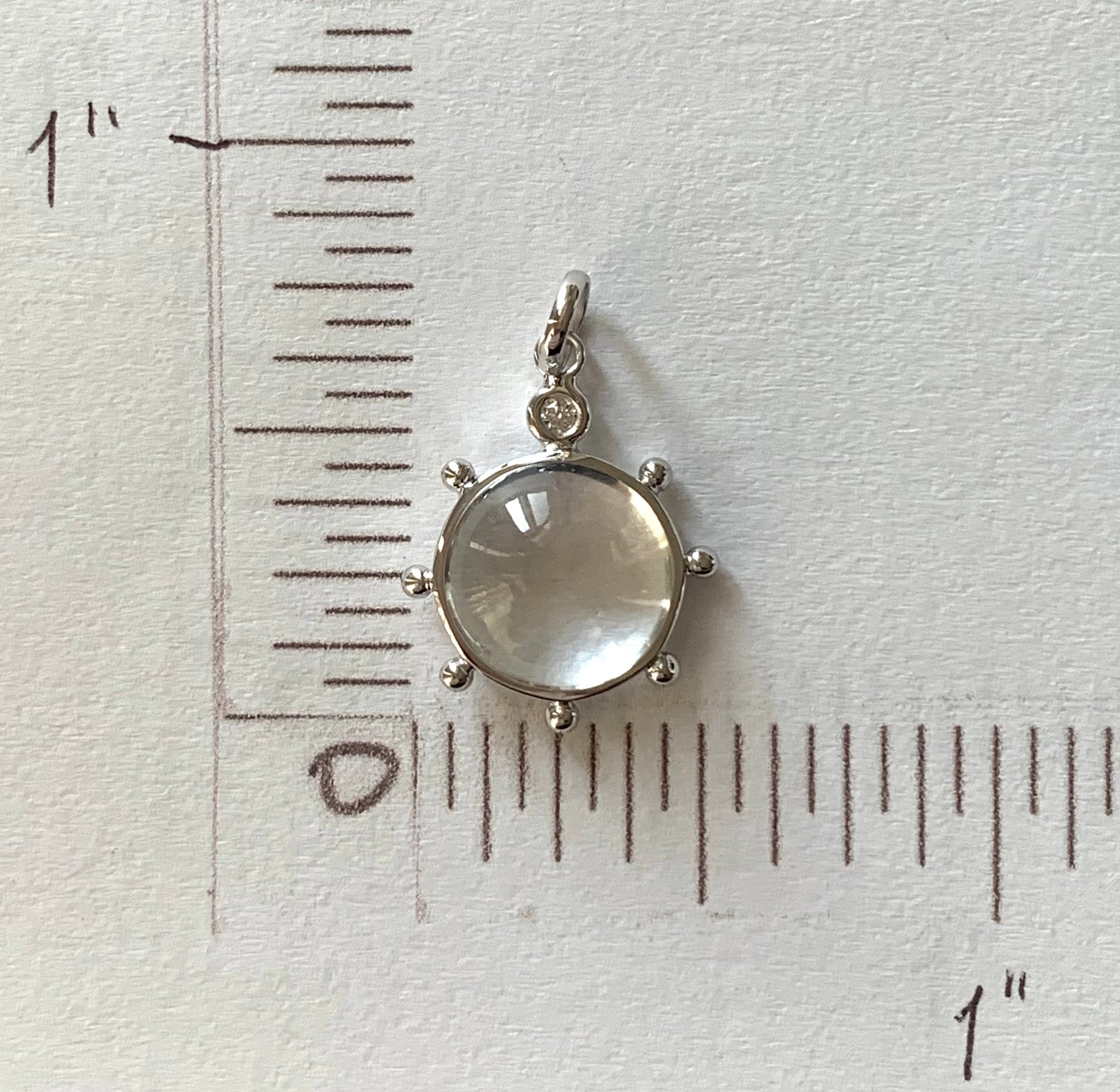 14K Solid White Gold, Natural Clear Quartz, Diamond “Sun” Pendant, Small Size