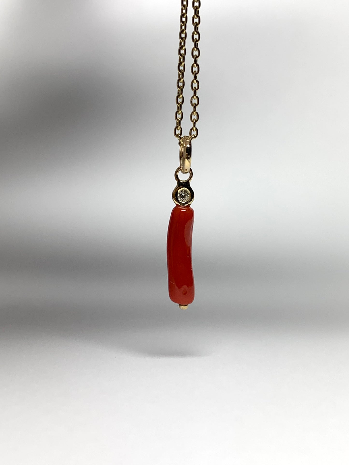 14k Solid Yellow Gold, Diamond, Red Coral Tiny Charm Pendant
