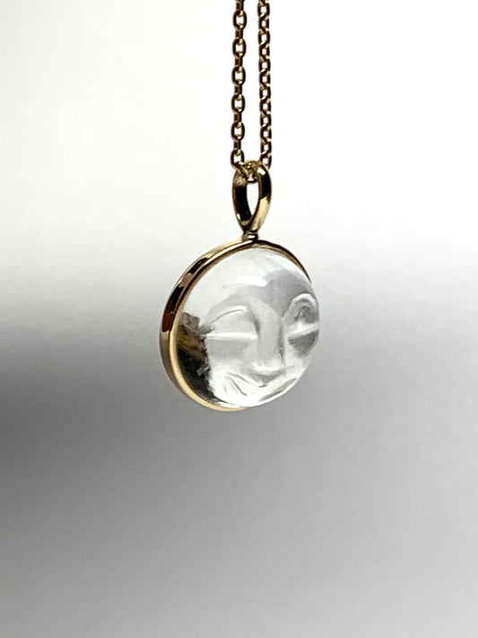 "The Moon" Pendant, 14K Solid Yellow Gold, Clear Quartz, Small Size