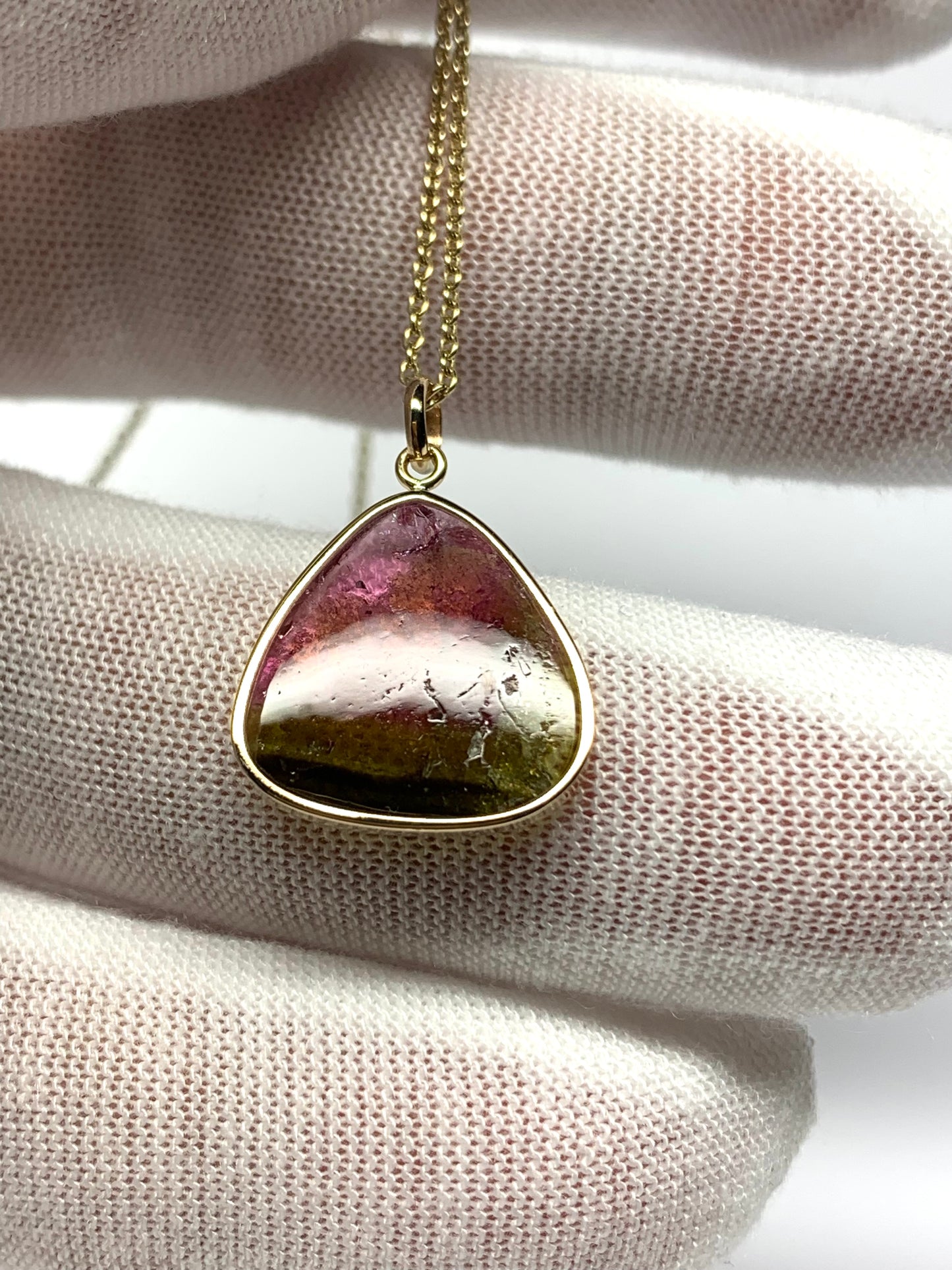 14k Solid Yellow Gold, Natural Pink Green Tourmaline Pendant