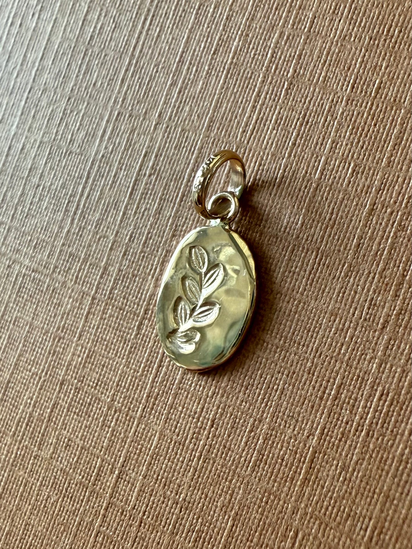 14k Solid Yellow Gold Nugget “Olive Branch”, Mini Pendant, Tiny Charm