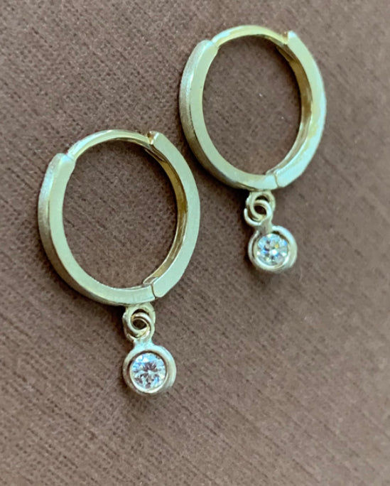 14k Solid Yellow Gold Natural White Diamonds Hoop Earrings, Mini Size