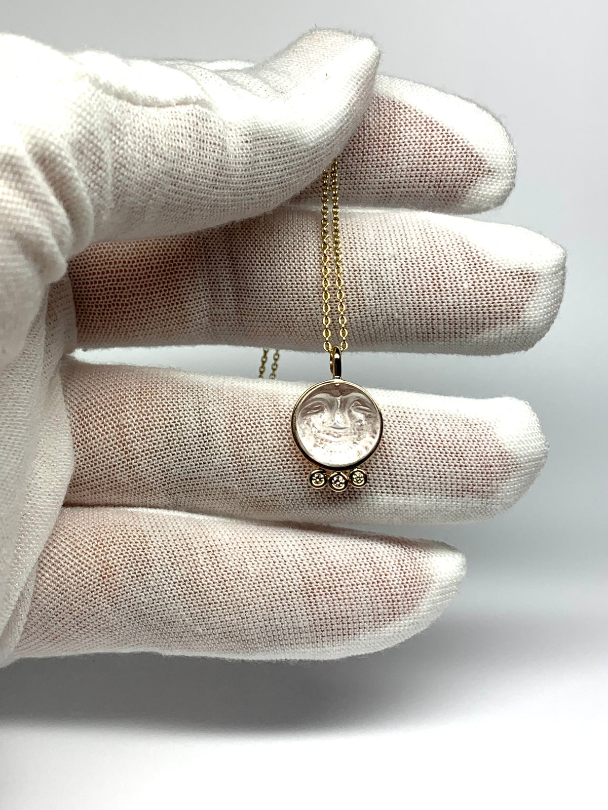 14k Solid Yellow Gold, Clear Quartz, White Diamonds “Moon and Stars” Pendant, Carved Face, Small Size