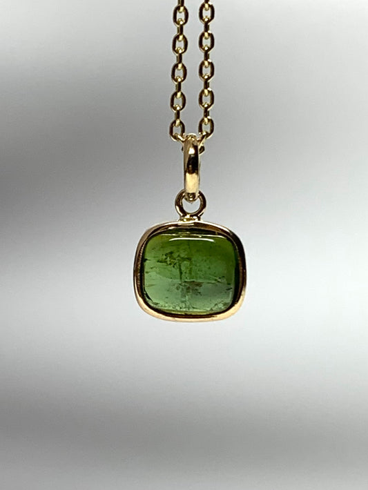 14k Solid Yellow Gold, Natural Green Tourmaline Cabochon Tiny Pendant