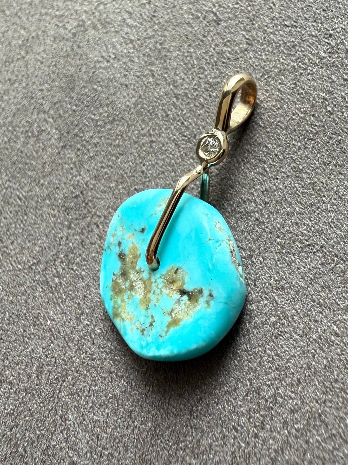 14K Solid Yellow Gold, White Diamond, Blue Turquoise “Donut” Mini Pendant