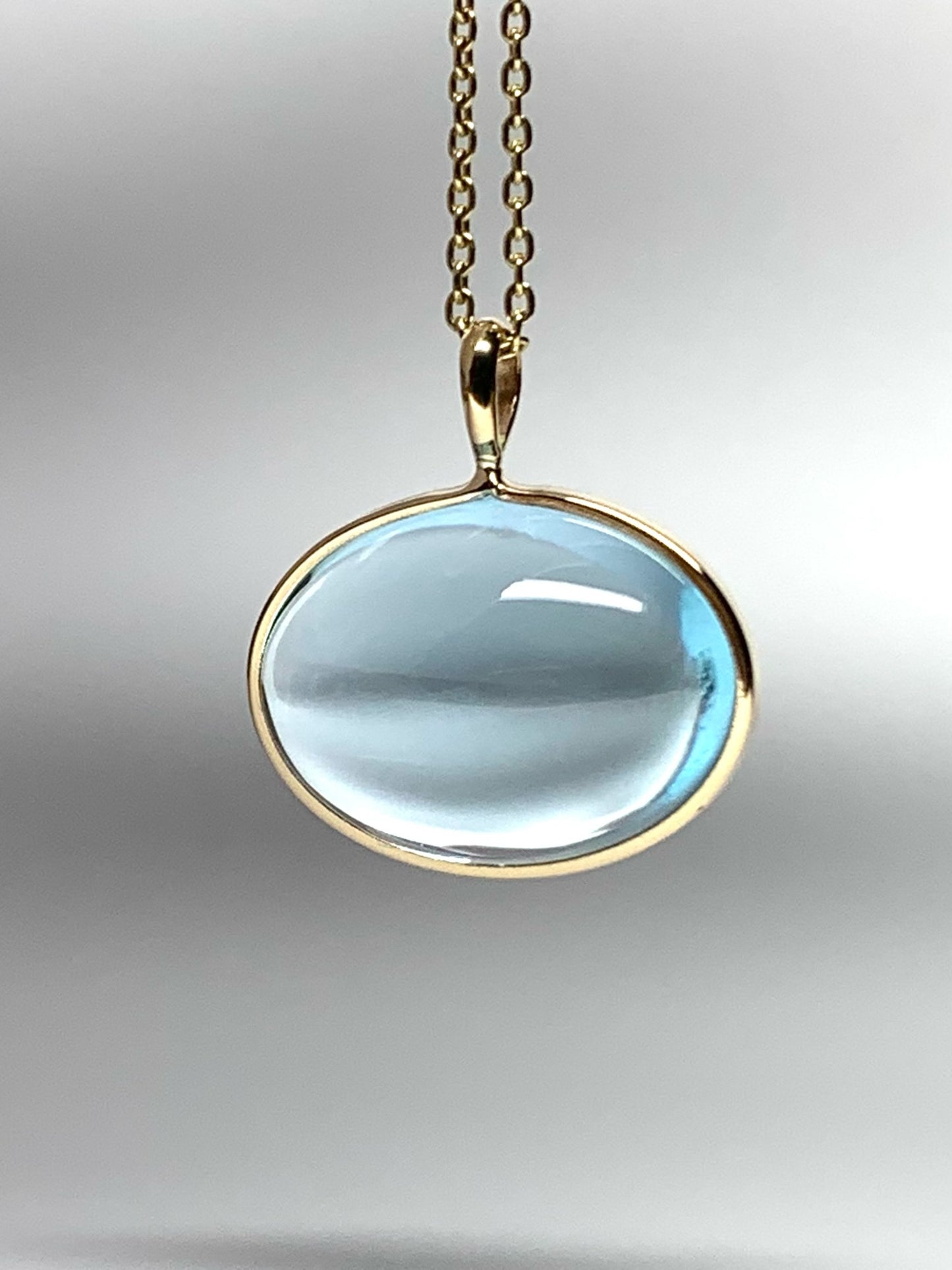 14k Solid Yellow Gold, Blue Topaz Oval Cabochon Pendant, Small Size