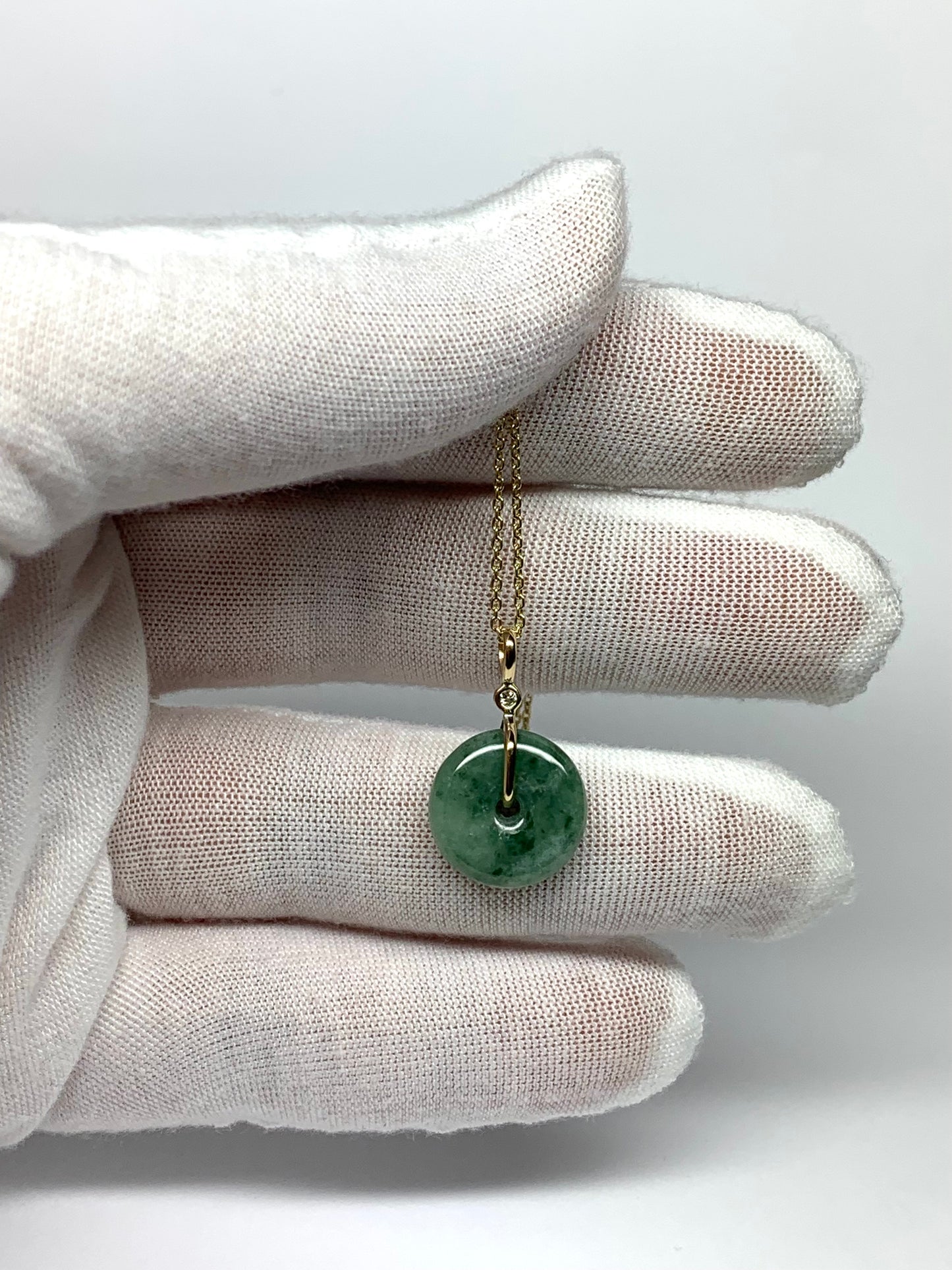 14k Solid Yellow Gold, Pale Green Jade “Donut”, White Diamond Pendant, Small Size