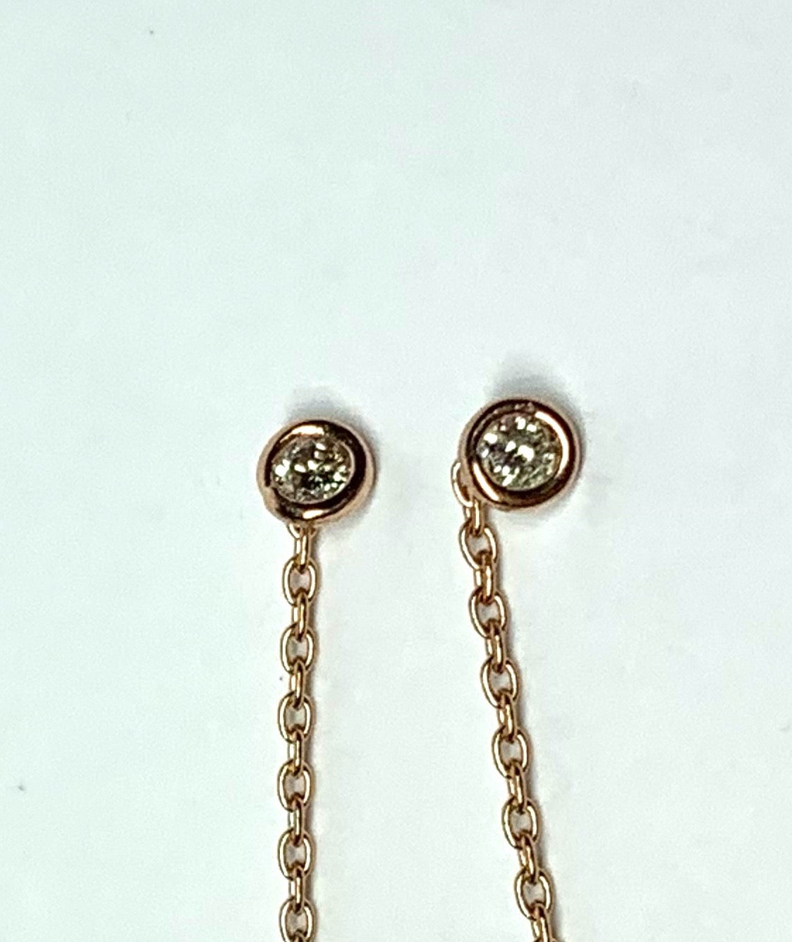 14K Solid Rose Gold, White Diamond Thread Earrings