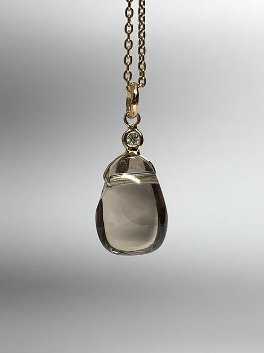 14k Solid Yellow Gold, Diamond, Smoky Quartz Tumbled Nugget Bead Pendant, Mini Size
