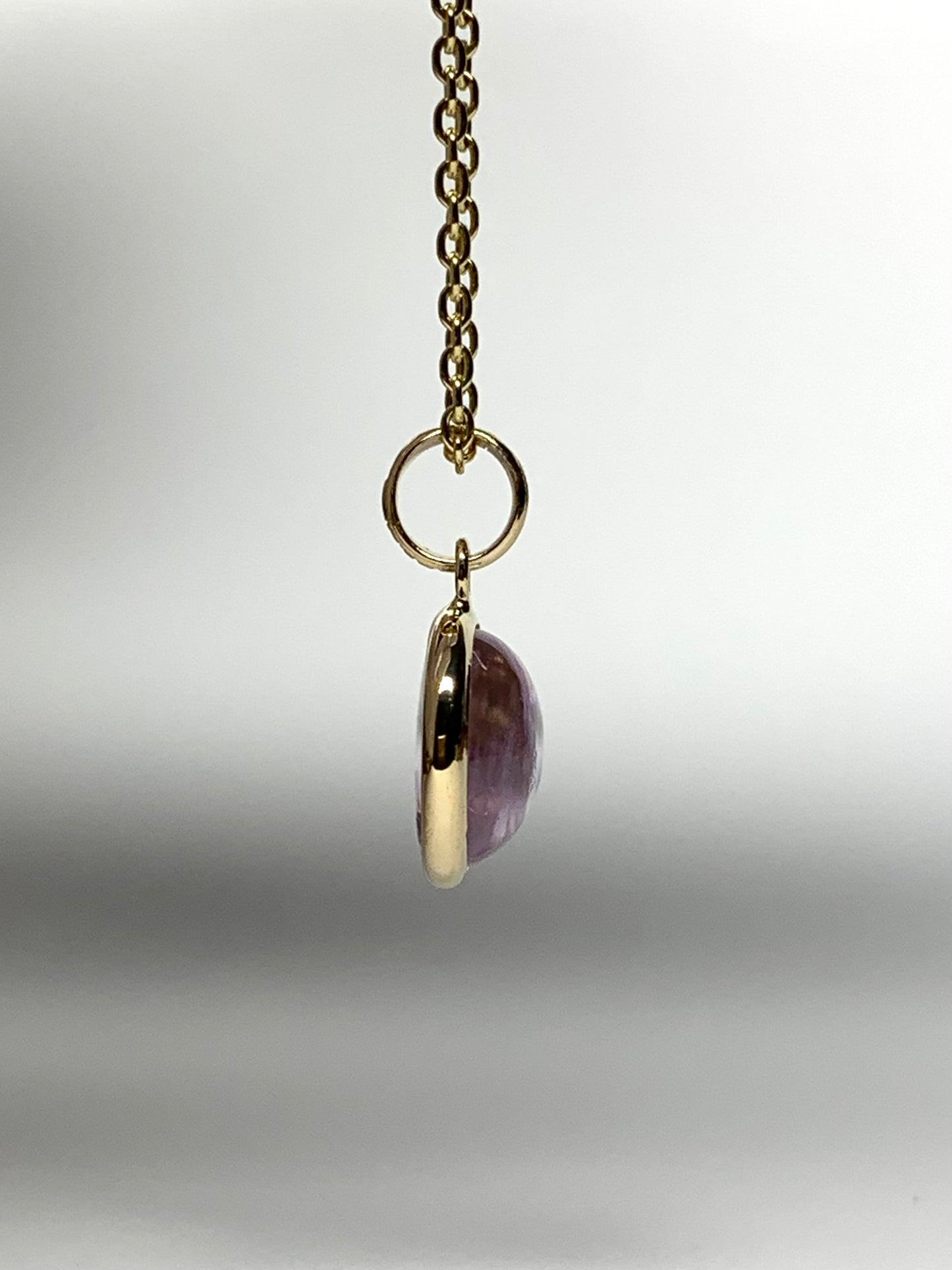 14k Solid Yellow Gold, Pink Amethyst Round Cabochon Mini Pendant