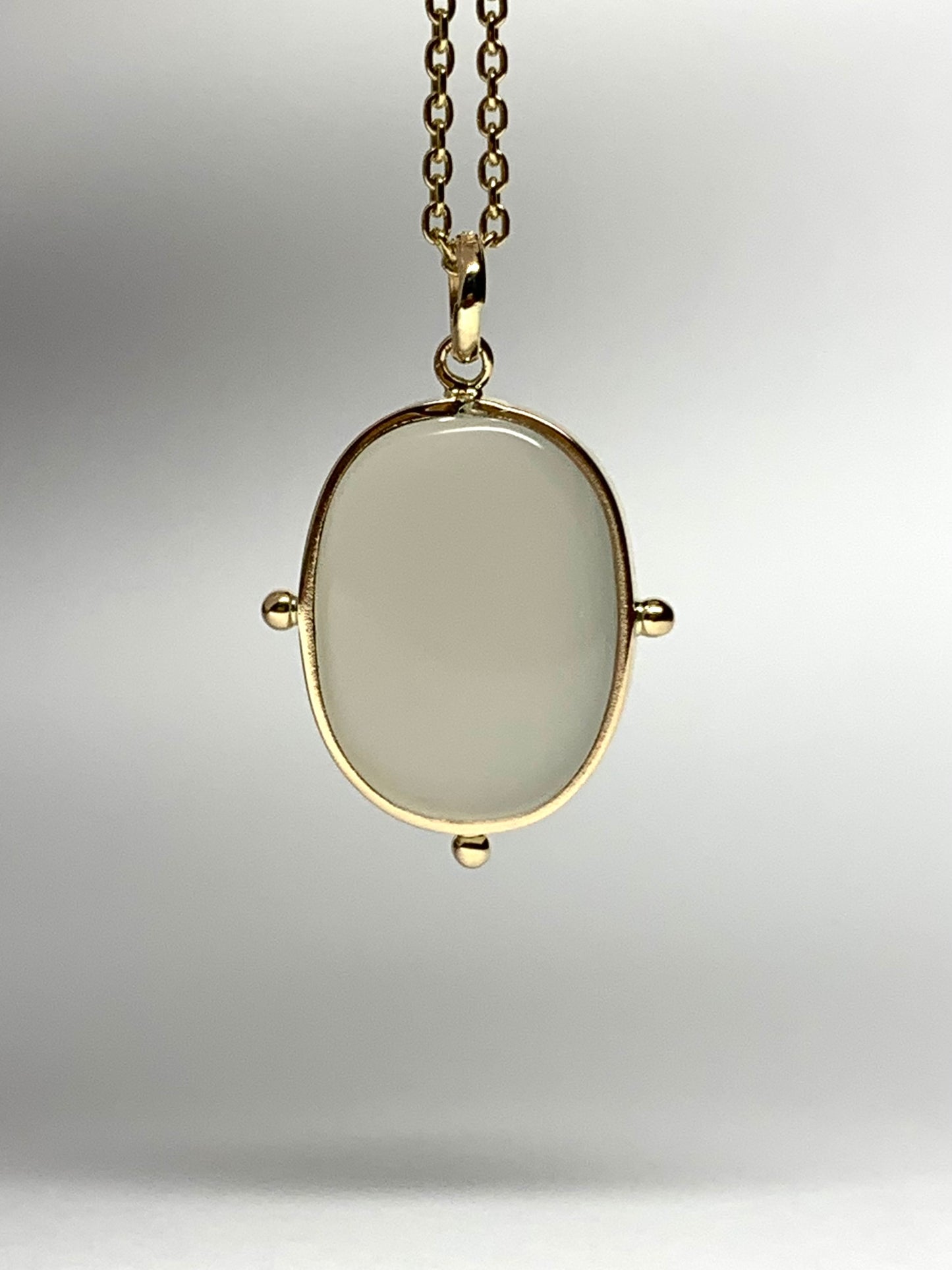 14k Solid Yellow Gold, White Moonstone Flat Cabochon Pendant, With Golden Dots