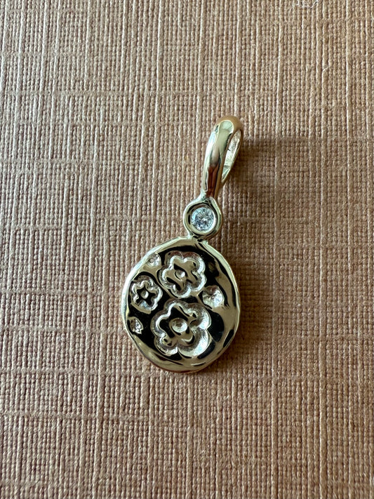 14K Solid Yellow Gold Nugget “Flowers” Mini Pendant, White Diamond, Tiny Charm