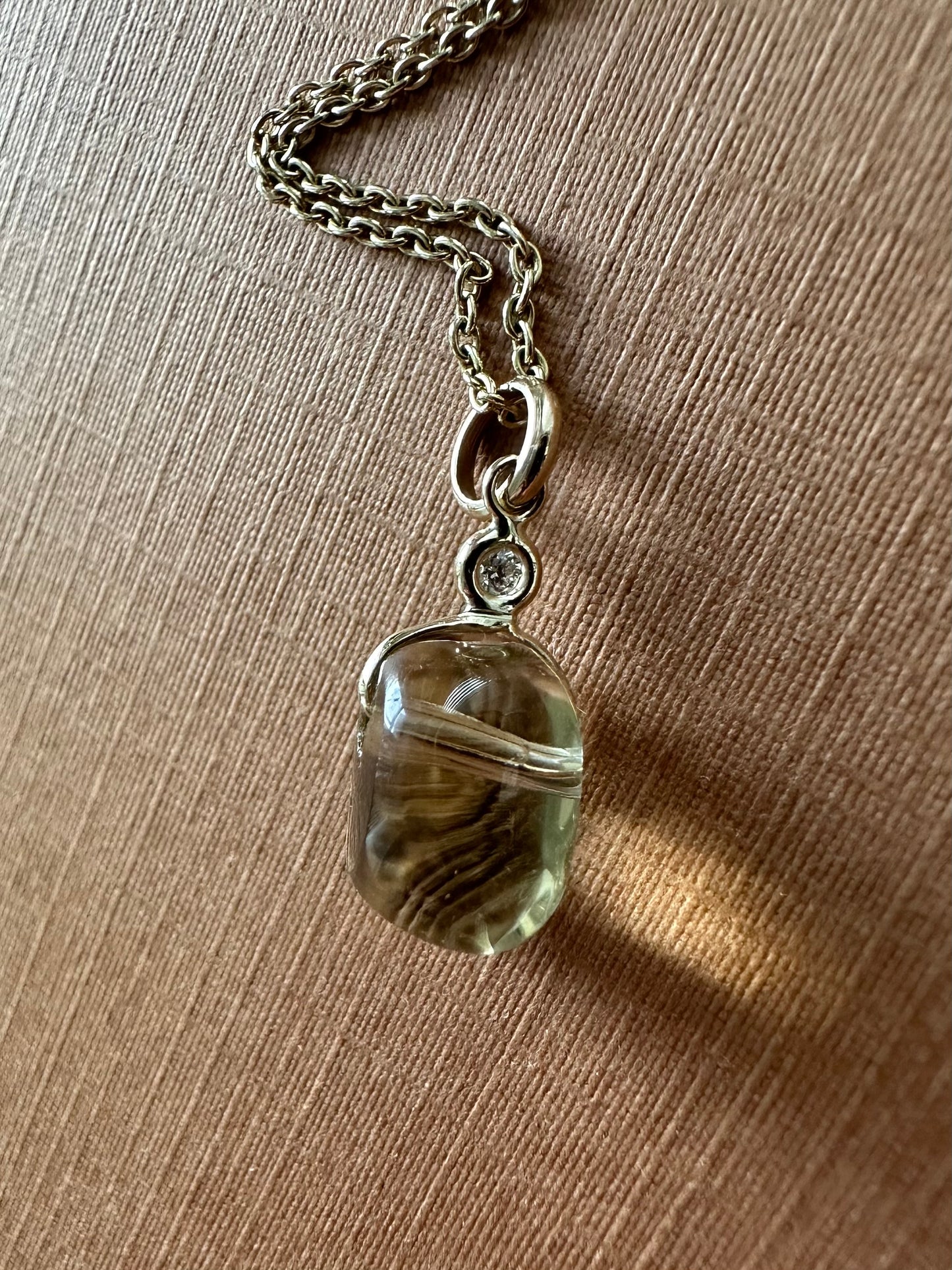 14k Solid Yellow Gold, Diamond, Lemon Quartz Tumbled Nugget Bead Pendant, Mini Size