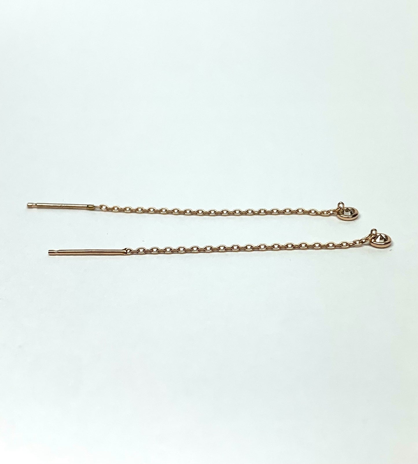 14K Solid Rose Gold, White Diamond Thread Earrings
