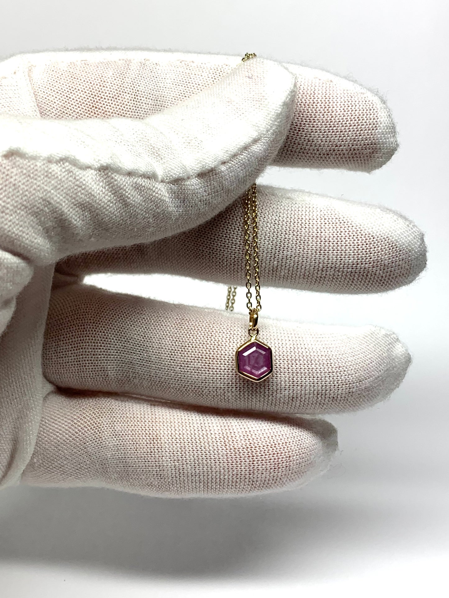 14k Solid Yellow Gold, Natural Pink Opaque Sapphire Hexagon Pendant, Tiny Size
