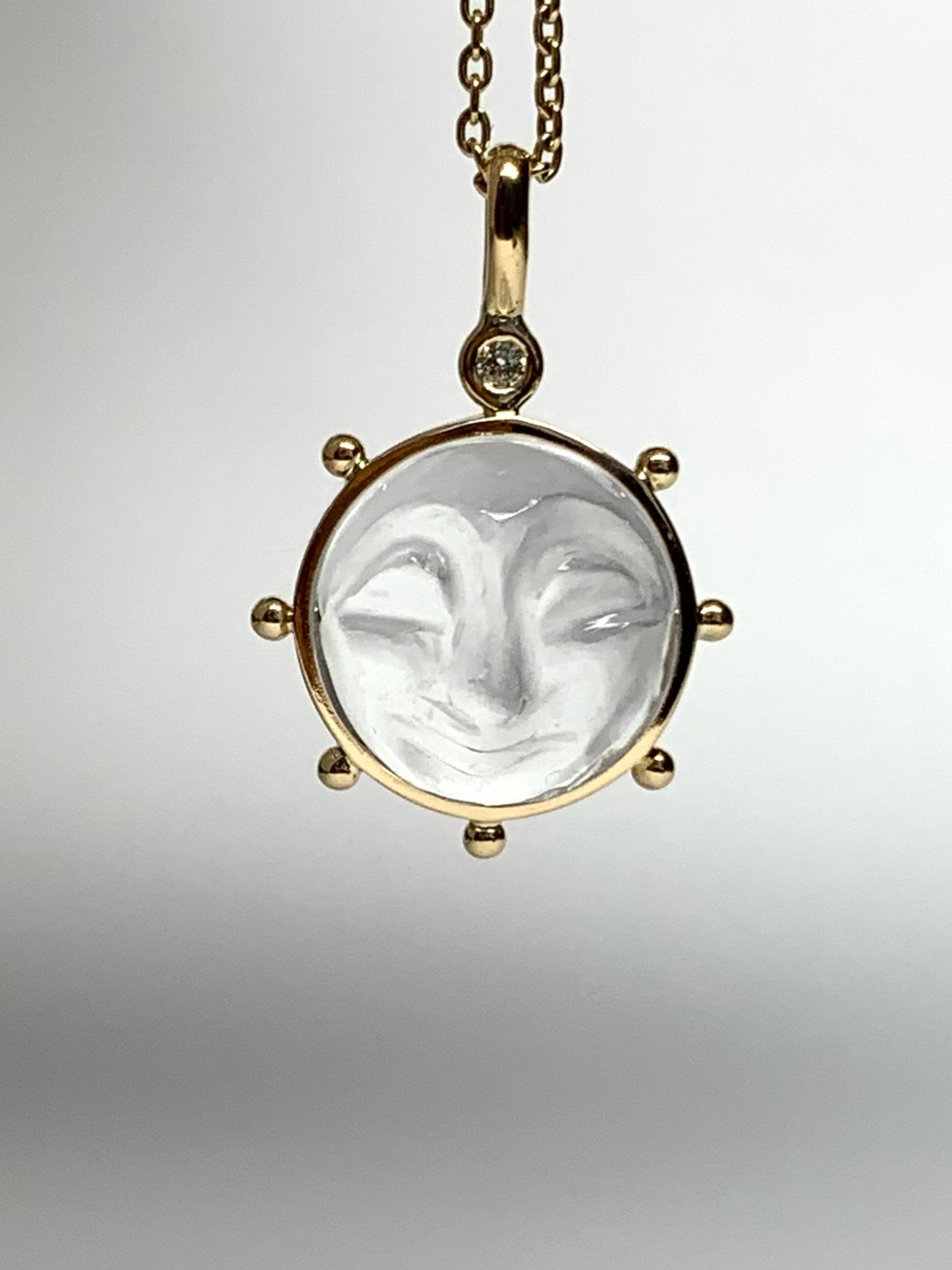 14k Solid Yellow Gold, Clear Quartz, Diamond “Sun” Pendant